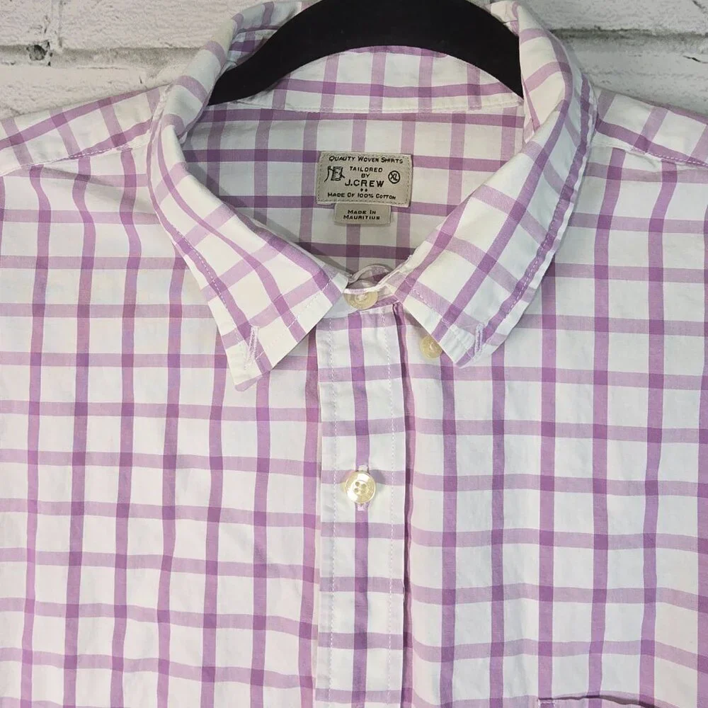 J. CREW MENS LONG SLEEVE BUTTON DOWN WHITE WITH PURPLE WINDOWPANE PRINT SIZE XL